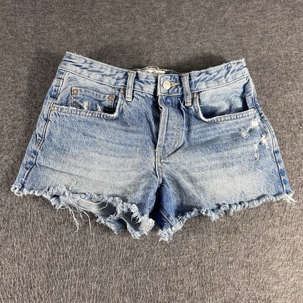We The Free Shorts Womens 26 Blue Denim Button Fly Cutoff Distressed Raw Hem
